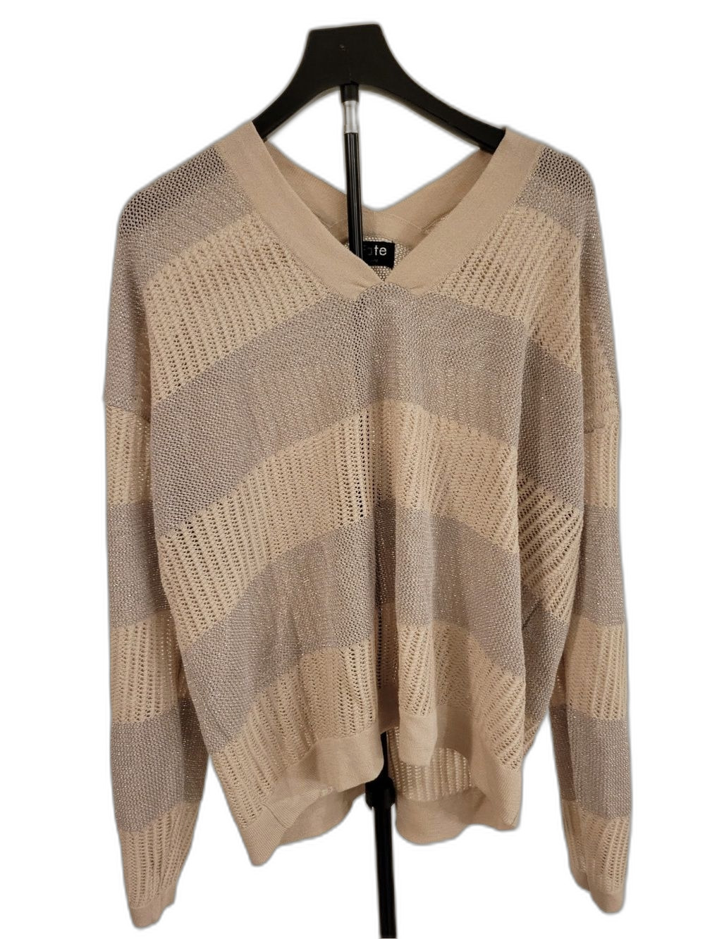Beige & Light Gray Striped V-Neck Sweater